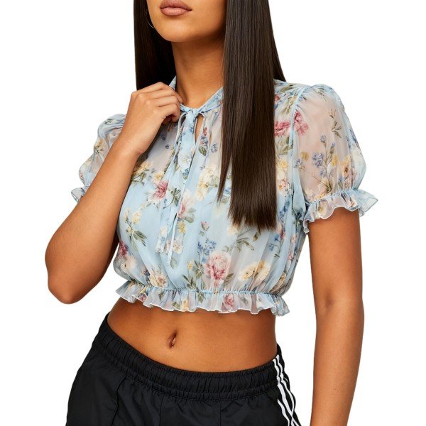Light Blue Floral Print Tie-Neck Ruffled Cropped Blouse