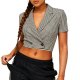 Black & White Gingham Cropped Blazer-Style Top