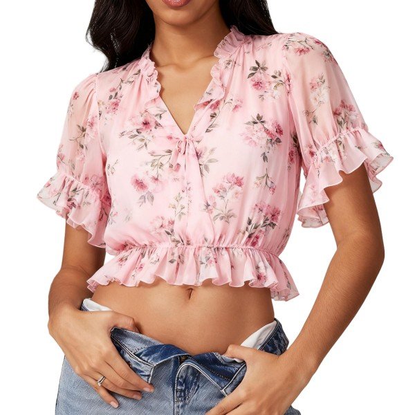 Pink Floral Print Ruffled Cropped Chiffon Blouse