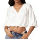 White V-Neck Puff Sleeve Cropped Chiffon Blouse