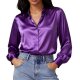 Purple Satin Long-Sleeve Button-Down Blouse