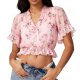 Pink Floral Print Ruffled Cropped Chiffon Blouse