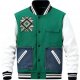 Green & White Baseball Jacket with Denim Pocket & Geometric Embroidery