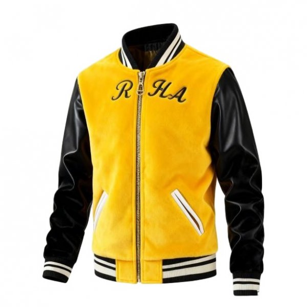 Yellow Fleece & Black Faux Leather Baseball Jacket with "RHA" Embroidery