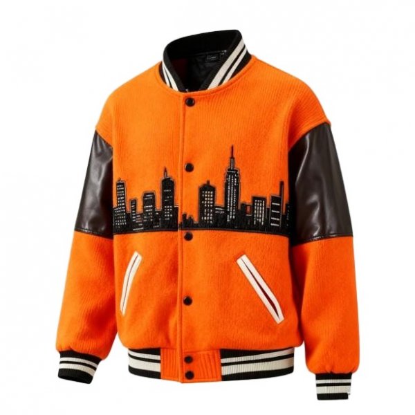 Orange Knit Baseball Jacket with Black City Skyline Embroidery