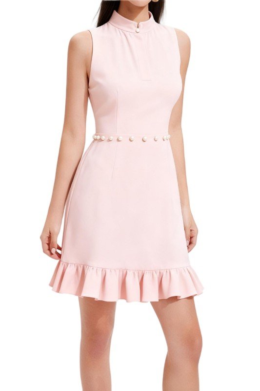 Blush Pink Sleeveless Dress with Pearl Belt and Ruffled Hem