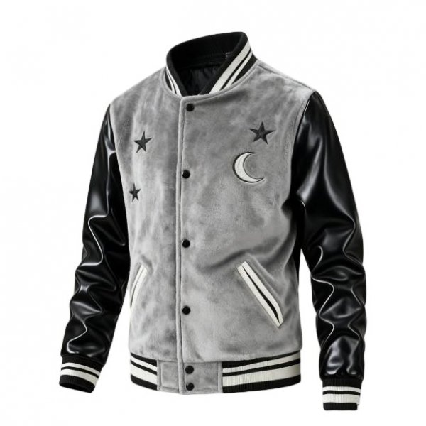 Gray Fleece & Black Faux Leather Baseball Jacket with Star & Moon Embroidery