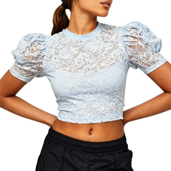 Light Blue Lace Puff Sleeve Cropped Blouse