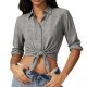 Gray Plaid Tie-Front Cropped Button-Down Shirt